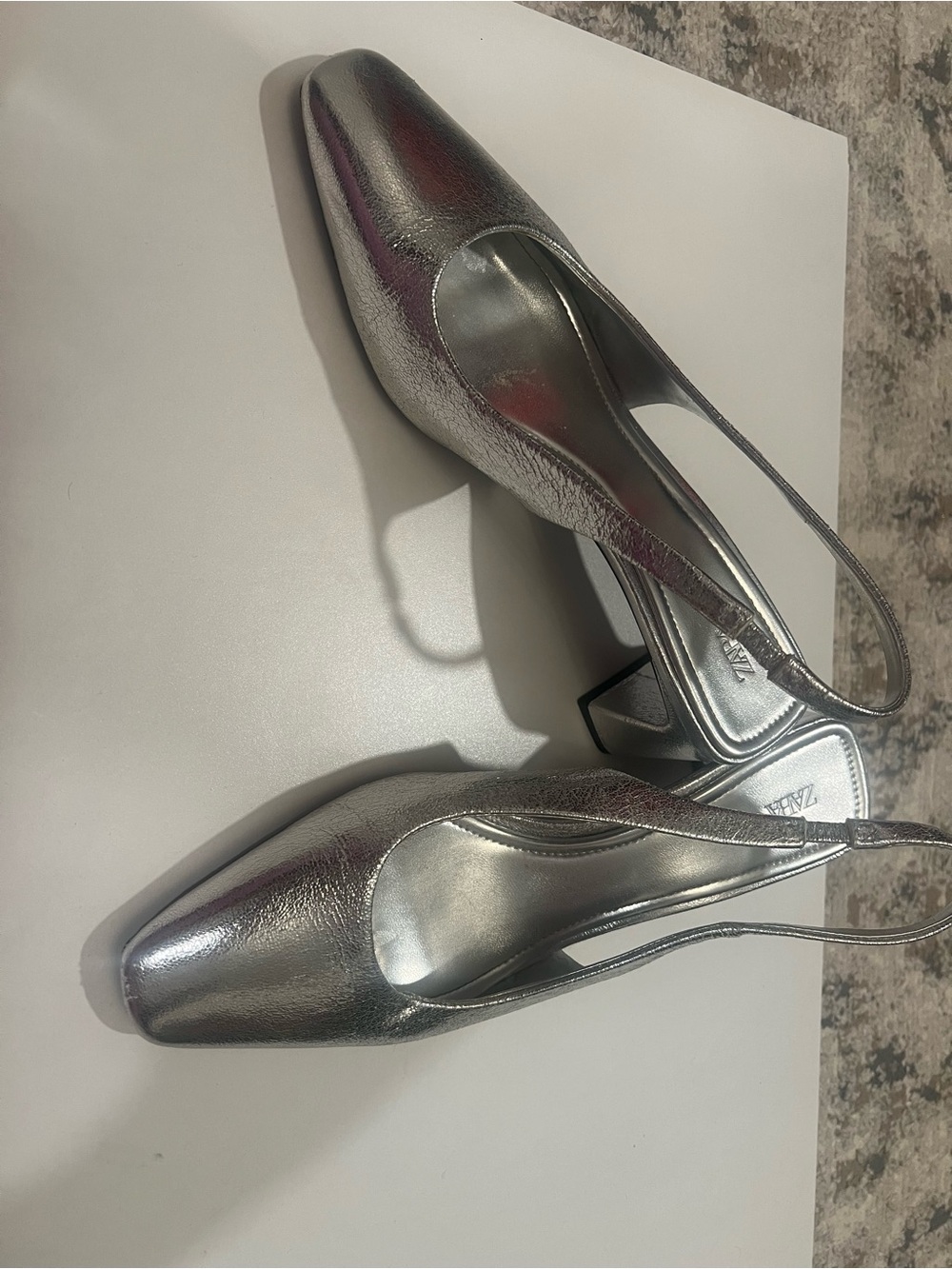 Zara Metallic Silver Block Heel Slingback; size 39